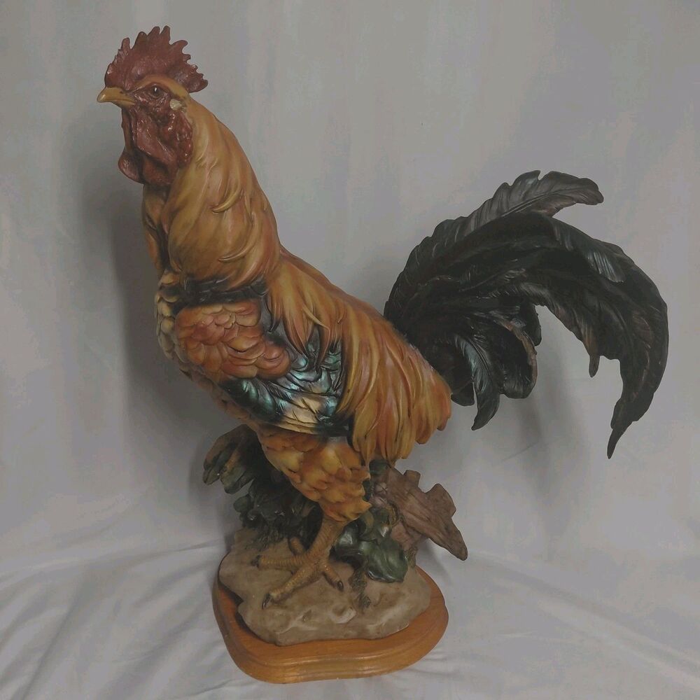 VINTAGE LARGE 14.5” HEAVYWEIGHT RESIN ROOSTER FIGURINE STATUE ON WOODEN BASE